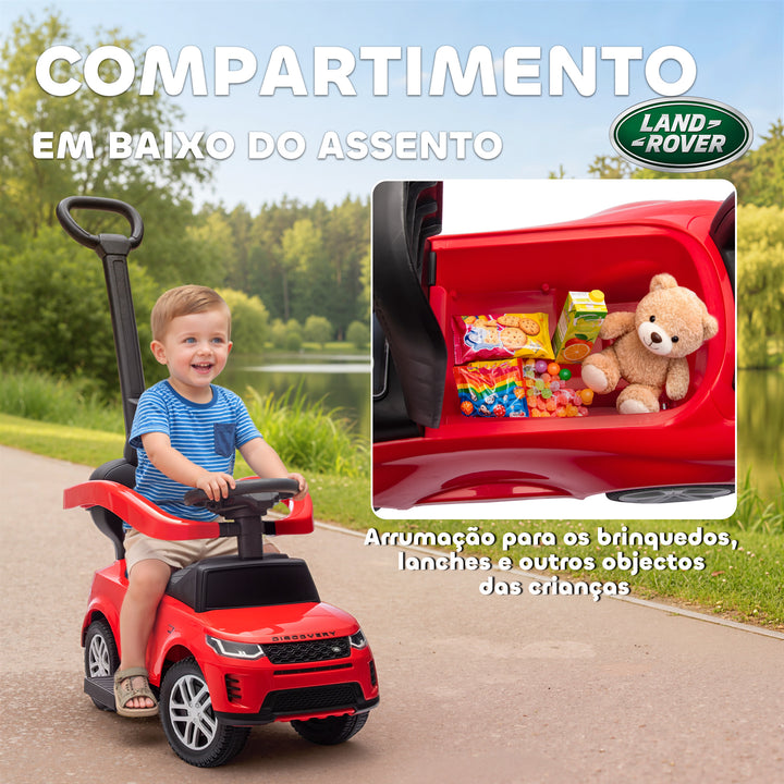 Carro Andador 2 em 1 para Crianças de 18-36 Meses Carro Andador Land Rover Discovery com Espaço de Armazenamento Buzina Volante Pega de Empurrar e Barra Removíveis 84x40x94,5 cm Vermelho