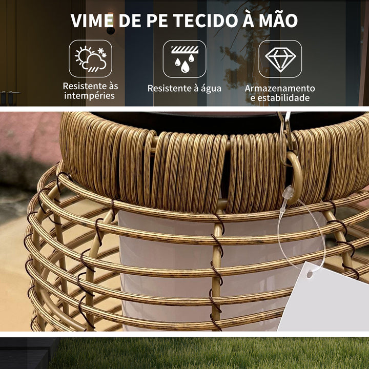 Lanterna Decorativa de Vime Lanterna Solar de Exterior com Painel Solar Luzes LED Ligar e Desligar Automático para Jardim Exterior Ø18x37 cm Preto e Areia