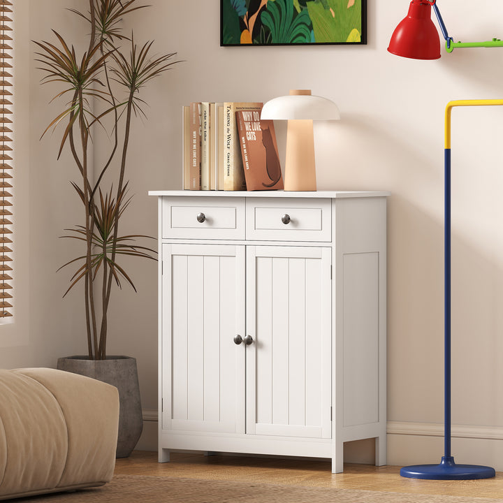 Armário Auxiliar Casa de Banho Móvel Auxiliar de Casa de Banho com 2 Gavetas 2 Portas e Prateleira Ajustável Estilo Moderno para Duche Dormitório 60x30x75cm Branco