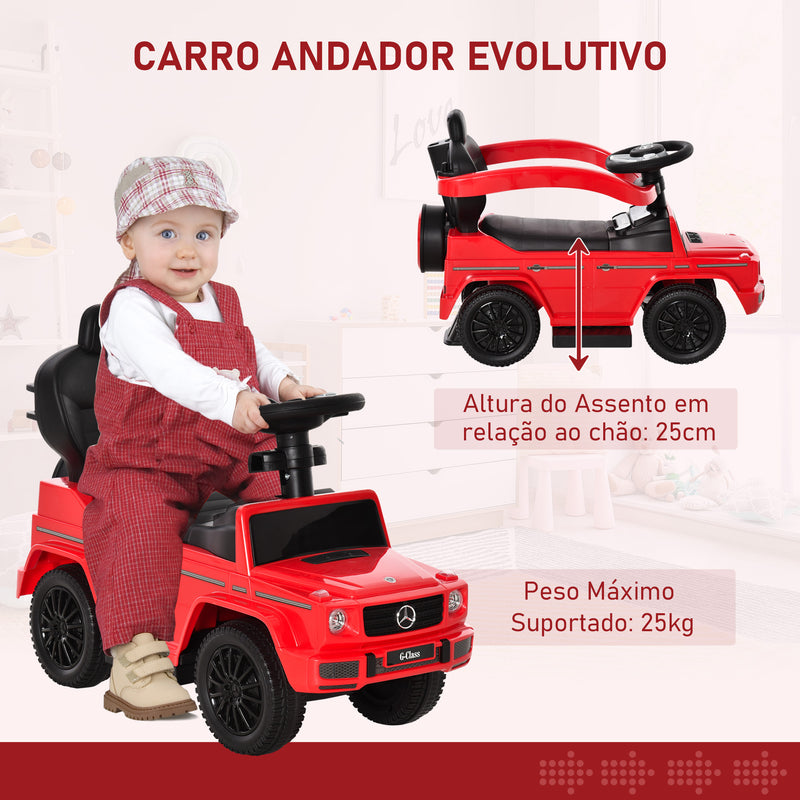 Carro de Passeio Carro Andador para Crianças acima de 12 Meses Mercedes G350 com Buzina Capô Removível Encosto e Suporte de Proteção 85,5x40,5x95 cm Vermelho