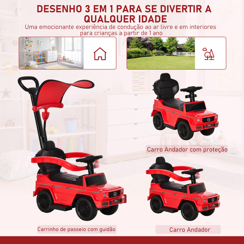 Carro de Passeio Carro Andador para Crianças acima de 12 Meses Mercedes G350 com Buzina Capô Removível Encosto e Suporte de Proteção 85,5x40,5x95 cm Vermelho