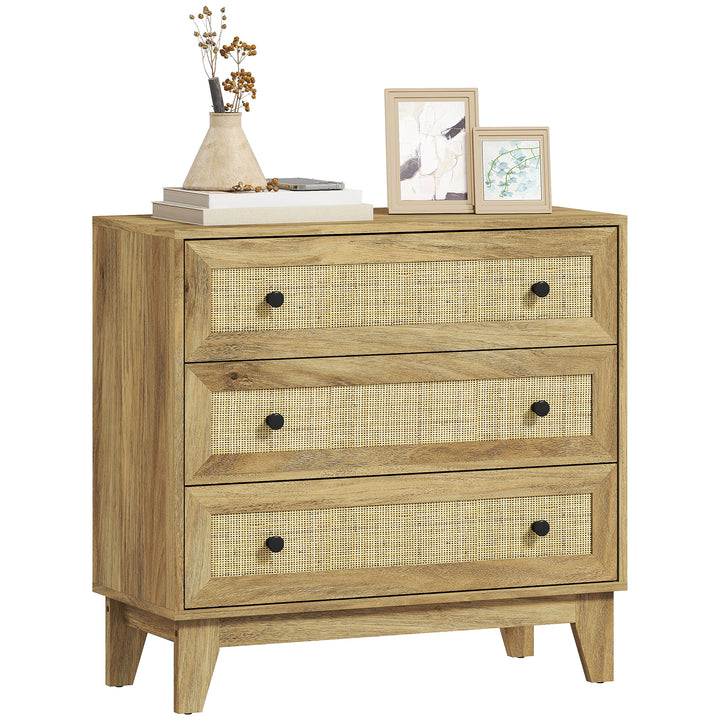 Cómoda com 3 Gavetas Cómoda de Madeira com Gavetas de Vime e Pés Elevados para Sala de Estar Dormitório Escritório 80x35x76 cm Madeira