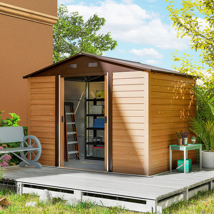 Abrigo de Jardim Exterior 4,84m² 278x195x215 cm Abrigo de Jardim Metálico com 2 Portas de Correr e 4 Janelas de Ventilação para Armazenamento de Ferramentas Madeira e Marrom