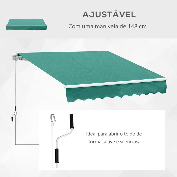 Toldo de Alumínio Manual Dobrável 395x245 cm com Manivela para Varanda Pátio Jardim e Terraço Tecido de Poliéster 280g m² - Verde Escuro