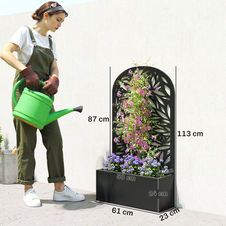 Floreira Exterior Grande de Metal Floreira com Painel Decorativo Curvo de Folhas Floreira de Parede ou Independente para Plantas Trepadeiras Jardim 61x23x113 cm, Preto