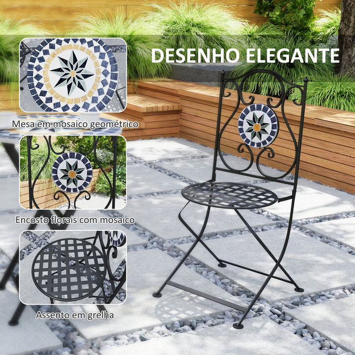 Conjunto de Jardim de 3 Peças Móveis de Jardim com Mesa Redonda Cadeiras Dobráveis e Desenho em Mosaico para Varanda Pátio Multicor