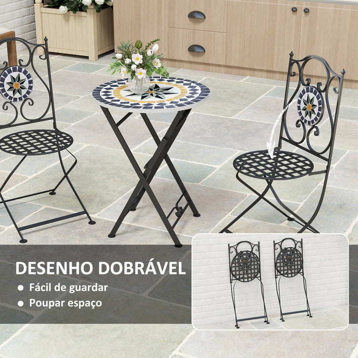 Conjunto de Jardim de 3 Peças Móveis de Jardim com Mesa Redonda Cadeiras Dobráveis e Desenho em Mosaico para Varanda Pátio Multicor