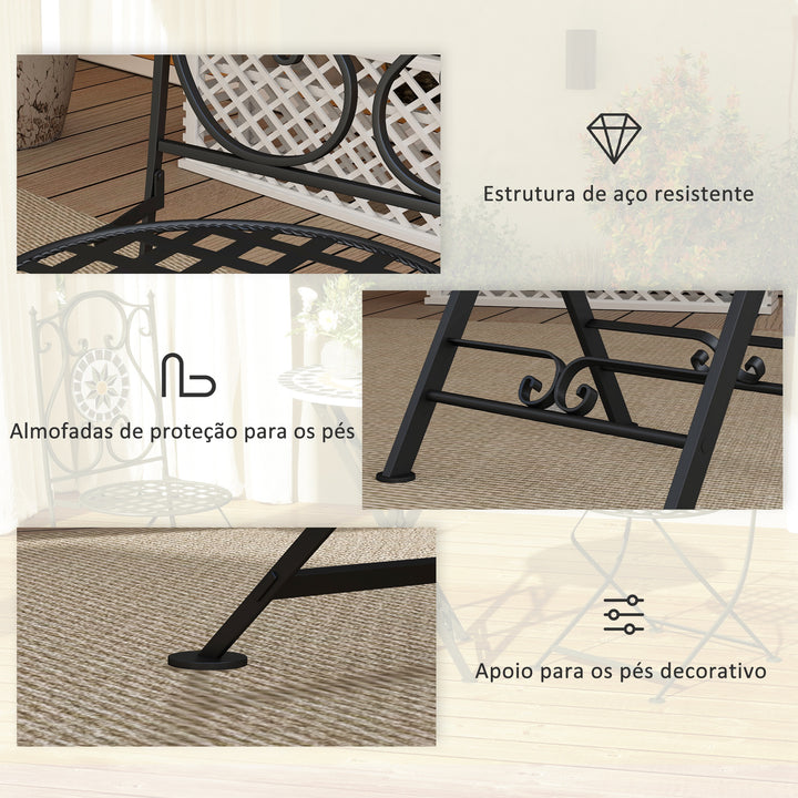 Conjunto de Jardim de 3 Peças Móveis de Jardim com Mesa Redonda Cadeiras Dobráveis e Desenho em Mosaico para Varanda Pátio Multicor