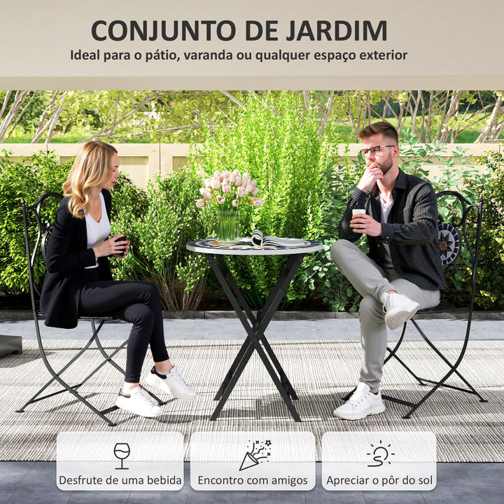 Conjunto de Jardim de 3 Peças Móveis de Jardim com Mesa Redonda Cadeiras Dobráveis e Desenho em Mosaico para Varanda Pátio Multicor