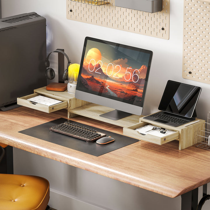 Suporte para Monitor com Ângulo e Comprimento Ajustável Suporte para Monitor com 2 Gavetas para Escritório Suporte para Monitor Portátil 60-116x22x12 cm Madeira