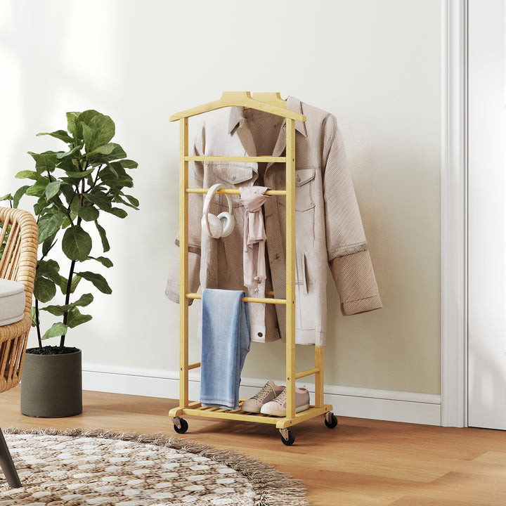 Cabide de Pé de Bambu Cabide com Rodas Suportes para Roupas Barras para Calças Bandeja e Sapateira Cabide para Roupas Corredor 47x33,7x105,5 cm Madeira