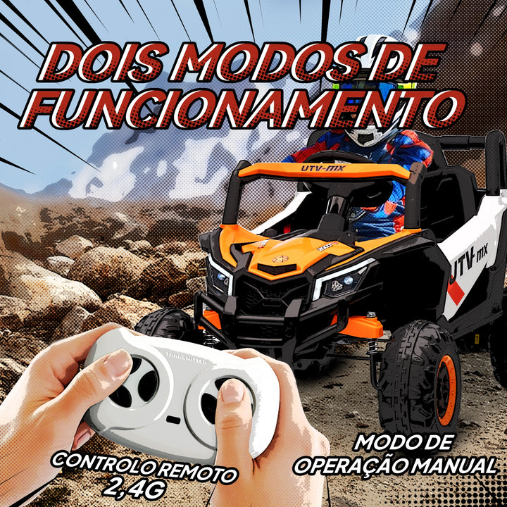 Carro Elétrico para Crianças 12V UTV com 2 Motores Controlo Remoto 2,4G Velocidade até 7 km/h Sistema de Suspensão Faróis USB para Crianças acima de 3 Anos 96x61x56 cm Laranja
