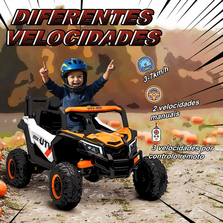 Carro Elétrico para Crianças 12V UTV com 2 Motores Controlo Remoto 2,4G Velocidade até 7 km/h Sistema de Suspensão Faróis USB para Crianças acima de 3 Anos 96x61x56 cm Laranja
