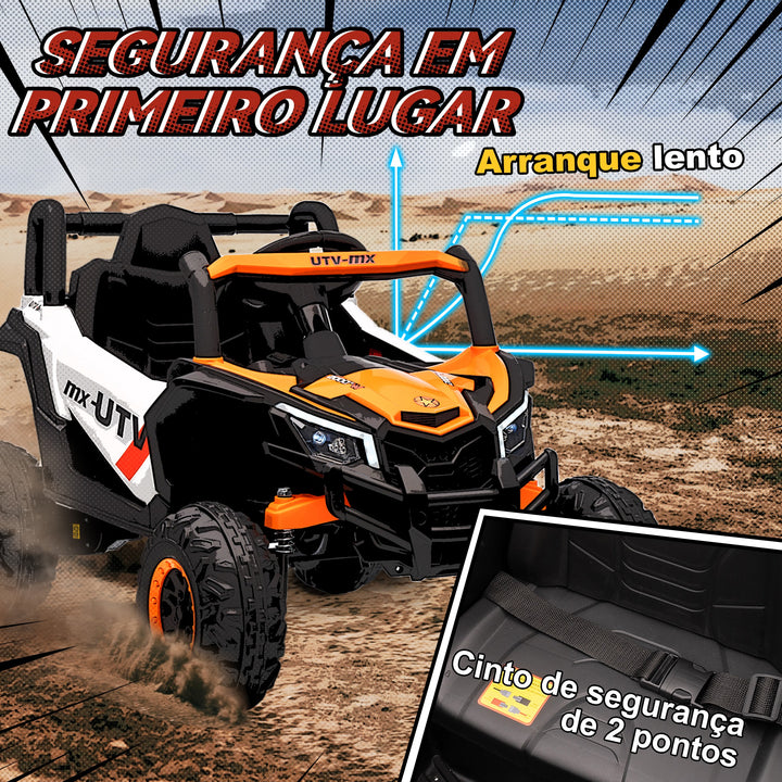 Carro Elétrico para Crianças 12V UTV com 2 Motores Controlo Remoto 2,4G Velocidade até 7 km/h Sistema de Suspensão Faróis USB para Crianças acima de 3 Anos 96x61x56 cm Laranja