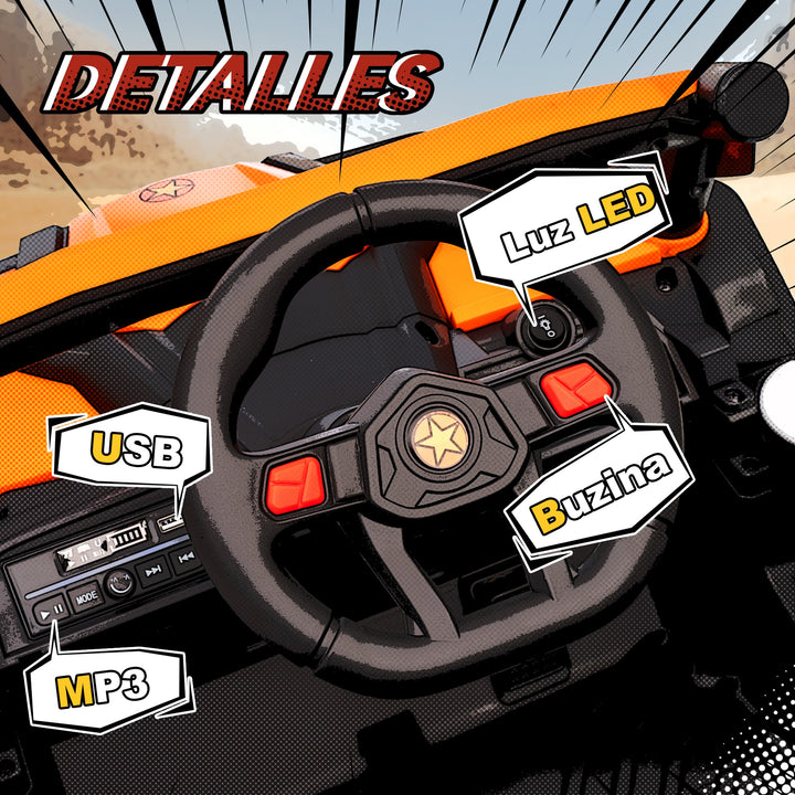 Carro Elétrico para Crianças 12V UTV com 2 Motores Controlo Remoto 2,4G Velocidade até 7 km/h Sistema de Suspensão Faróis USB para Crianças acima de 3 Anos 96x61x56 cm Laranja