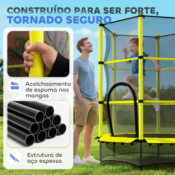 Cama Elástica Infantil Ø140 cm, Trampolim para Crianças dos 3-10 Anos com Rede de Segurança e Estrutura de Aço, Suporta até 50 kg, para Interior e Exterior, Amarelo