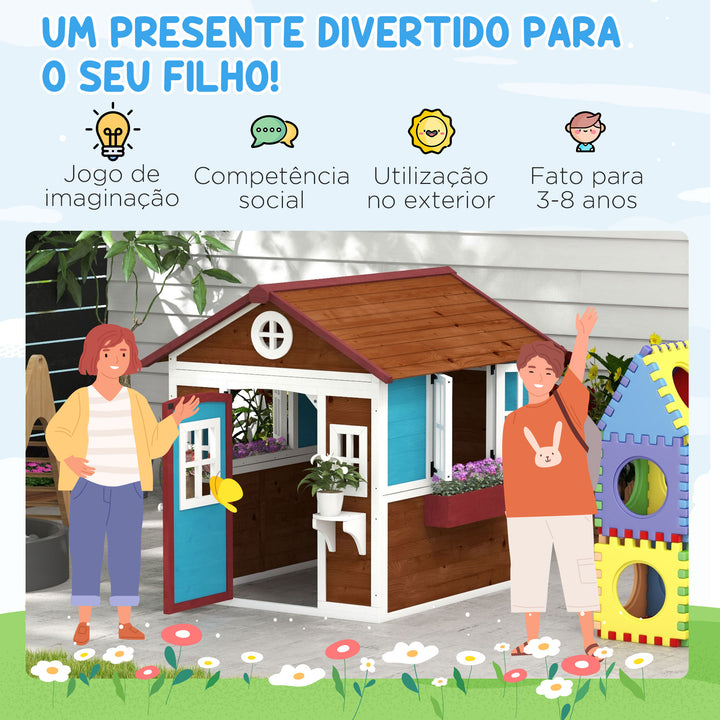 Casa de Brincar Infantil para Jardim Casa de Madeira para Crianças com Porta Janelas e Floreiras 114x126,5x135 cm Marróm Escuro
