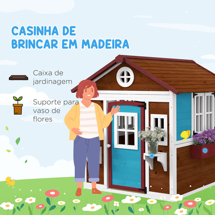 Casa de Brincar Infantil para Jardim Casa de Madeira para Crianças com Porta Janelas e Floreiras 114x126,5x135 cm Marróm Escuro