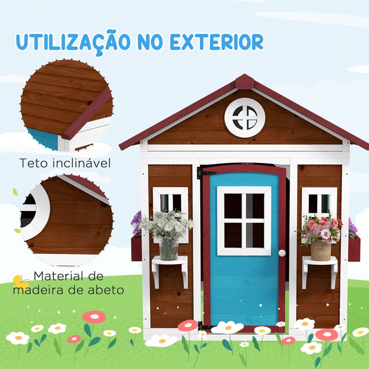 Casa de Brincar Infantil para Jardim Casa de Madeira para Crianças com Porta Janelas e Floreiras 114x126,5x135 cm Marróm Escuro
