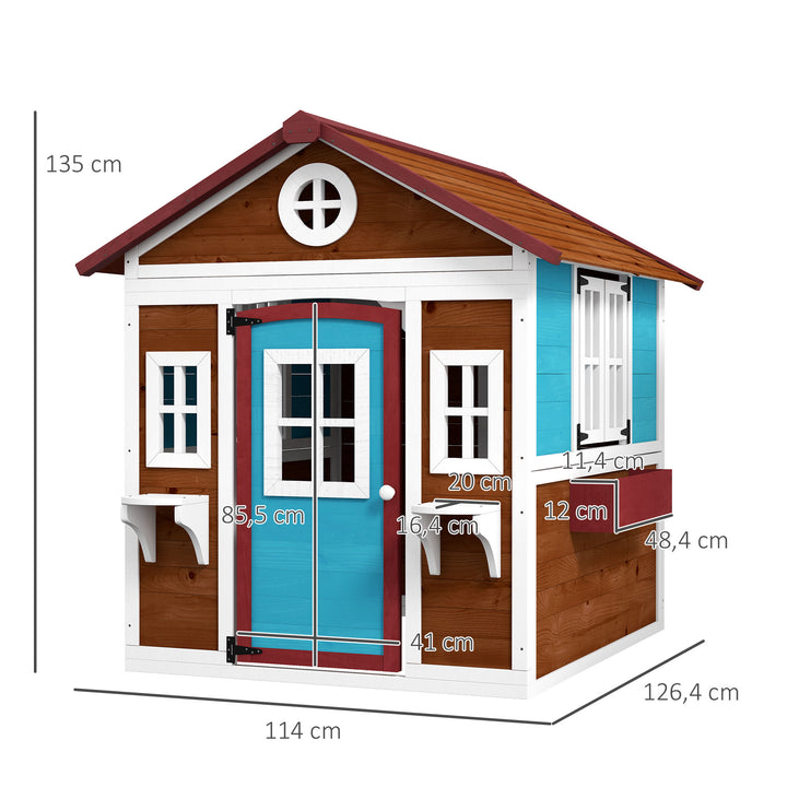 Casa de Brincar Infantil para Jardim Casa de Madeira para Crianças com Porta Janelas e Floreiras 114x126,5x135 cm Marróm Escuro
