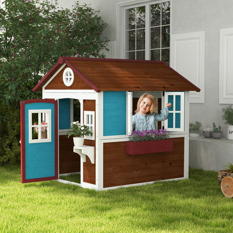 Casa de Brincar Infantil para Jardim Casa de Madeira para Crianças com Porta Janelas e Floreiras 114x126,5x135 cm Marróm Escuro