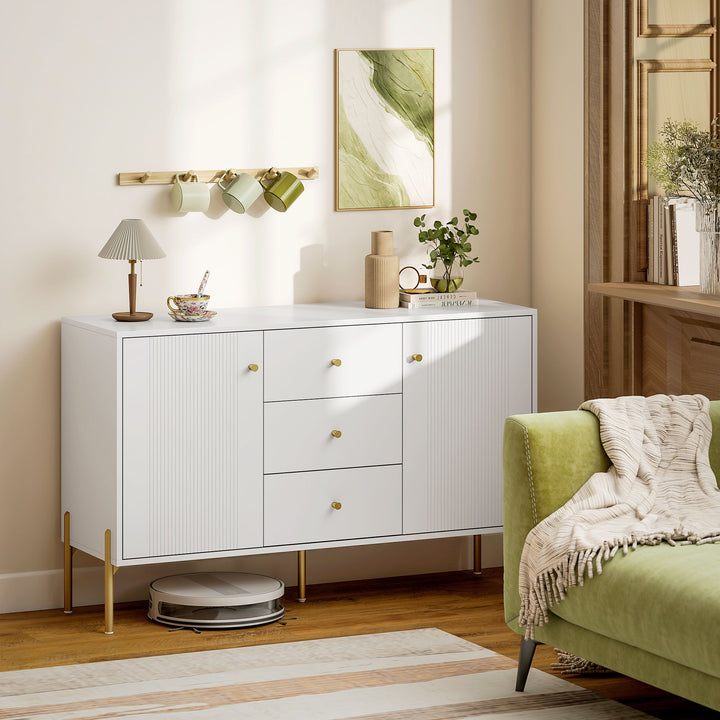Aparador Moderno de 2 Portas Aparador de Sala de Estar com 3 Gavetas Prateleiras Ajustáveis Bancada com Efeito Mármore Pés em Aço para Cozinha Entrada Quarto 120x39,1x76 cm Branco