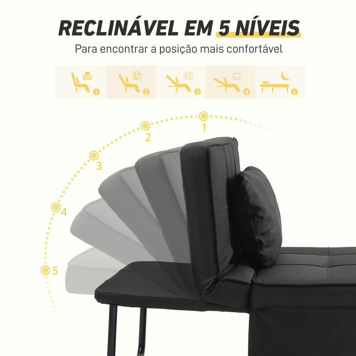 Sofá Cama Individual 3 em 1 Estofado em Linho Sofá Reclinável em 5 Posições com Apoio para os Pés e Apoio para a Cabeça para Sala de Estar Carga Máxima 200kg 95x189x43 cm Preto