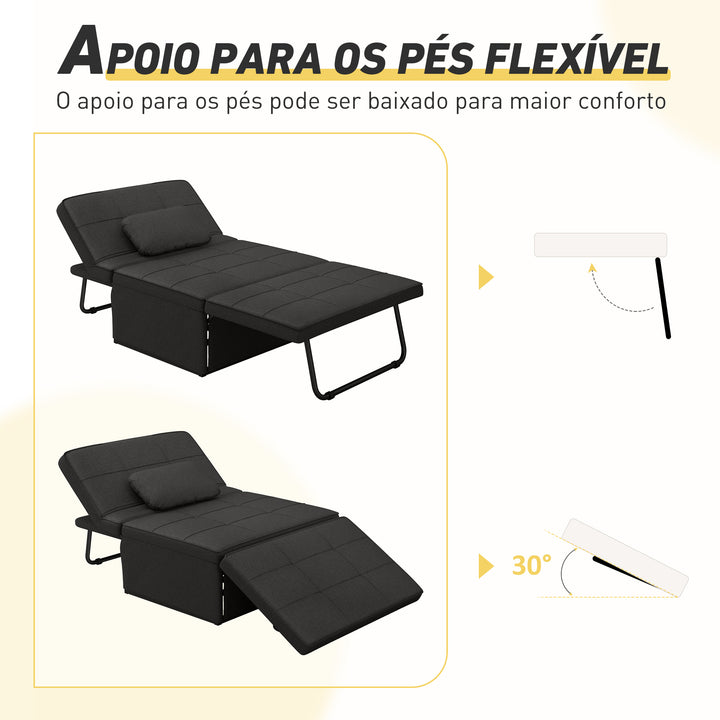 Sofá Cama Individual 3 em 1 Estofado em Linho Sofá Reclinável em 5 Posições com Apoio para os Pés e Apoio para a Cabeça para Sala de Estar Carga Máxima 200kg 95x189x43 cm Preto