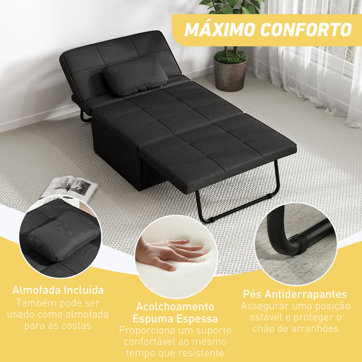 Sofá Cama Individual 3 em 1 Estofado em Linho Sofá Reclinável em 5 Posições com Apoio para os Pés e Apoio para a Cabeça para Sala de Estar Carga Máxima 200kg 95x189x43 cm Preto