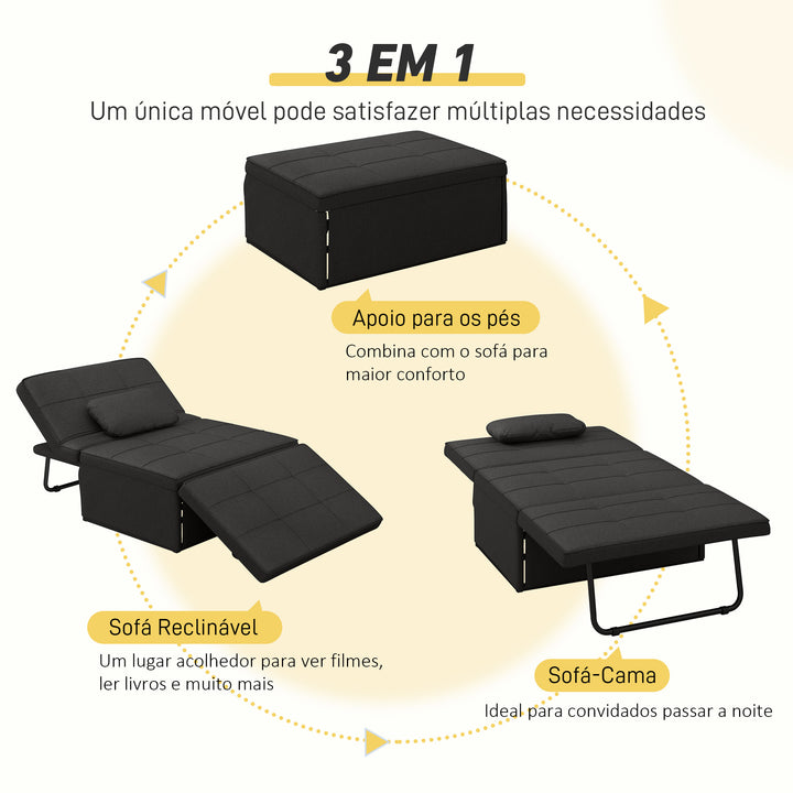 Sofá Cama Individual 3 em 1 Estofado em Linho Sofá Reclinável em 5 Posições com Apoio para os Pés e Apoio para a Cabeça para Sala de Estar Carga Máxima 200kg 95x189x43 cm Preto