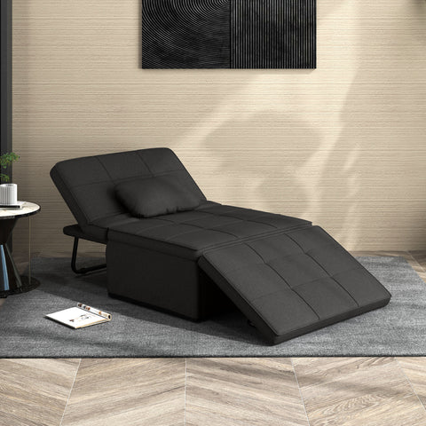 Sofá Cama Individual 3 em 1 Estofado em Linho Sofá Reclinável em 5 Posições com Apoio para os Pés e Apoio para a Cabeça para Sala de Estar Carga Máxima 200kg 95x189x43 cm Preto