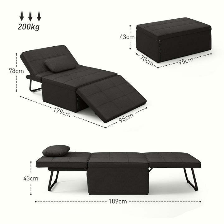 Sofá Cama Individual 3 em 1 Estofado em Linho Sofá Reclinável em 5 Posições com Apoio para os Pés e Apoio para a Cabeça para Sala de Estar Carga Máxima 200kg 95x189x43 cm Preto