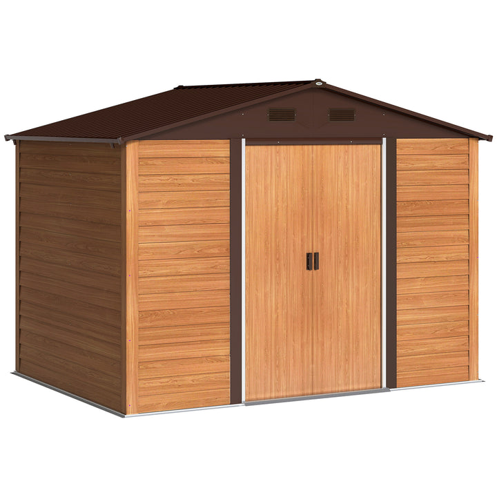 Abrigo de Jardim Exterior 4,84m² 278x195x215 cm Abrigo de Jardim Metálico com 2 Portas de Correr e 4 Janelas de Ventilação para Armazenamento de Ferramentas Madeira e Marrom