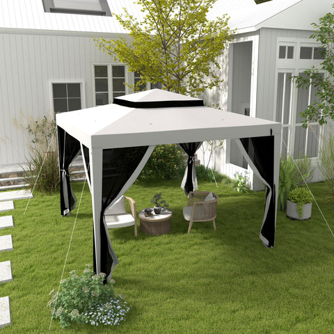 Pérgola de Jardim 297x297x268 cm Pérgola com 4 Redes Mosquiteiras Laterais com Fecho de Correr Teto de Ventilação e 8 Orifícios de Drenagem Pérgola para Terraço Pátio Exterior Cinza