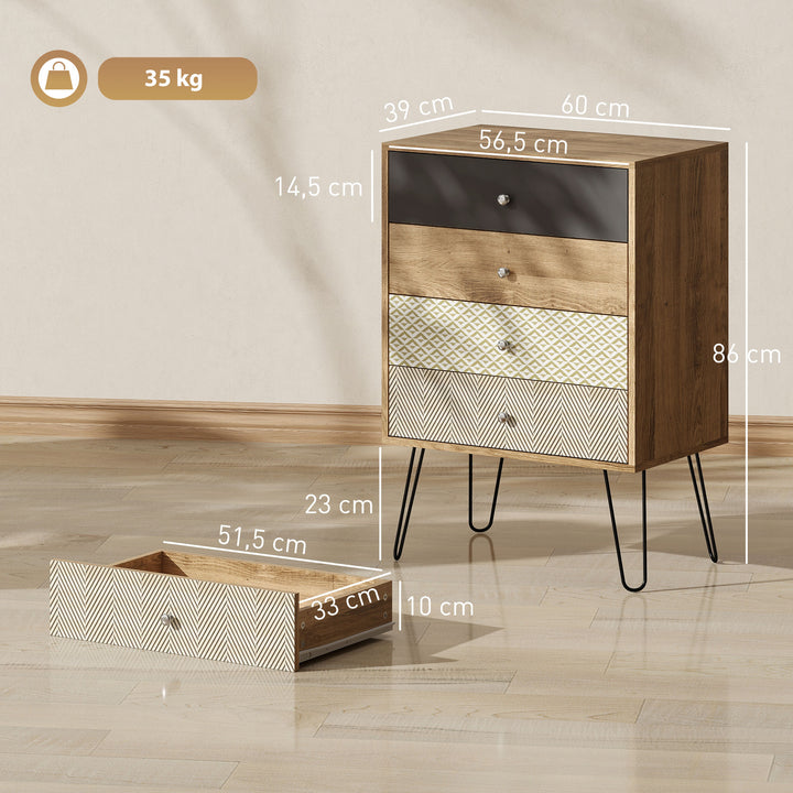 Cómoda 4 Gavetas Cómoda para Quarto com Pés em Forma de V de Aço Cómoda para Sala de Estar Escritório Estilo Boémio 60x39x86 cm Multicor