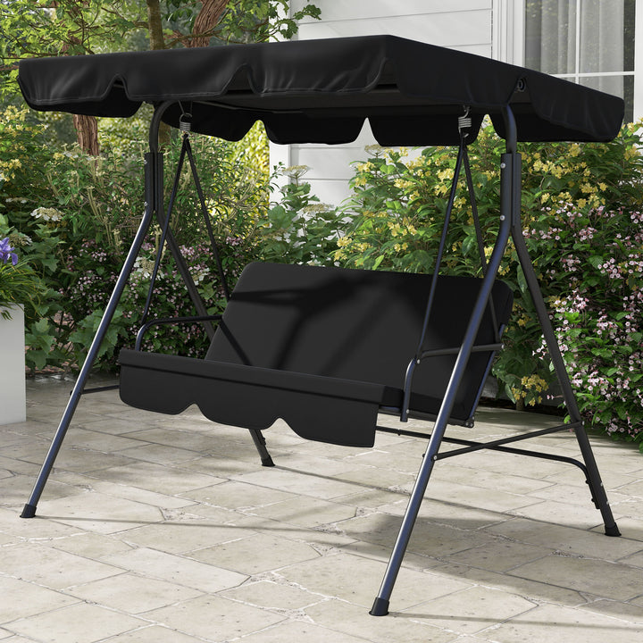 Baloiço de Jardim de 3 Lugares com Almofada Toldo Ajustável e Estrutura de Aço para Balcão Terraço Patio Carga Máx. 200 kg 172x110x153 cm Preto