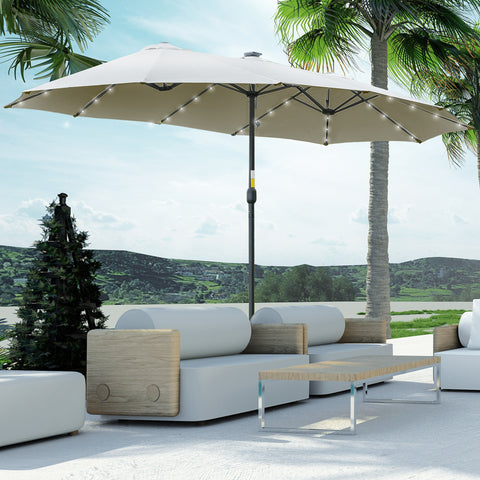 Chapéu de Sol Duplo de Jardim com 48 Luzes LED Solar 450x265x240cm Chapéu de Sol de Exterior com Manivela Proteção Solar para Terraço Balcão Piscina Cinza Claro