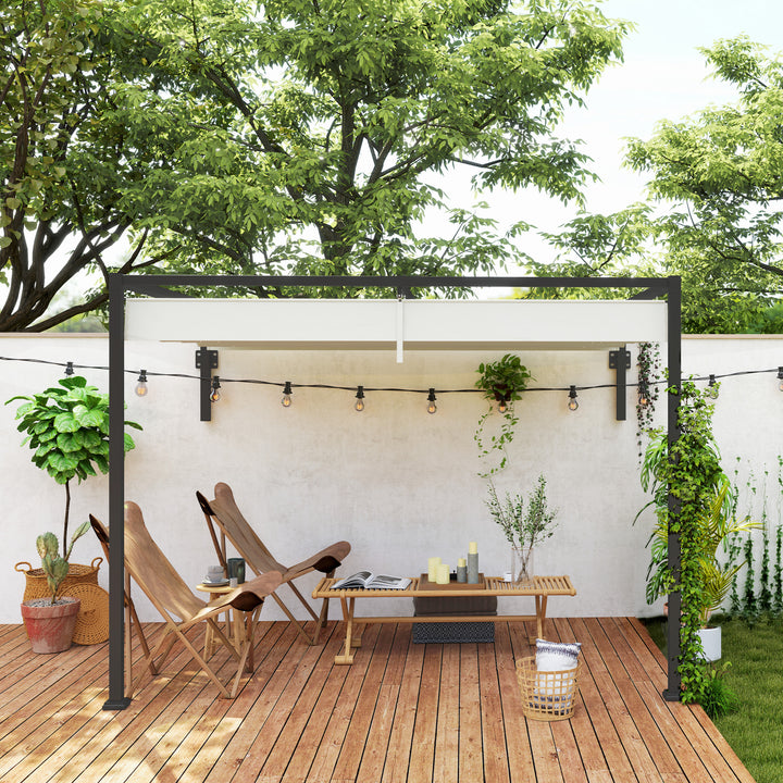 Pérgola de Parede 297x211x220 cm Pérgola de Jardim com Teto Retrátil e Estrutura de Aço Pérgola para Pátio Exterior Creme