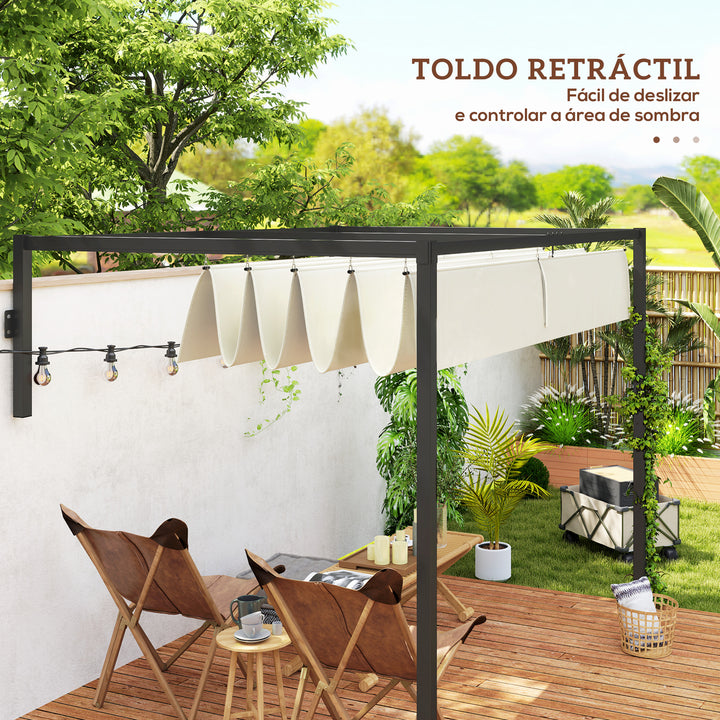 Pérgola de Parede 297x211x220 cm Pérgola de Jardim com Teto Retrátil e Estrutura de Aço Pérgola para Pátio Exterior Creme