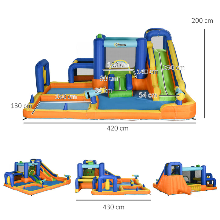 Castelo Insuflável Infantil 7 em 1 Castelo Insuflável para Crianças com Escorrega Piscina Parede de Escalada Insuflador e Bolsa de Transporte 430x420x200 cm Multicolorido