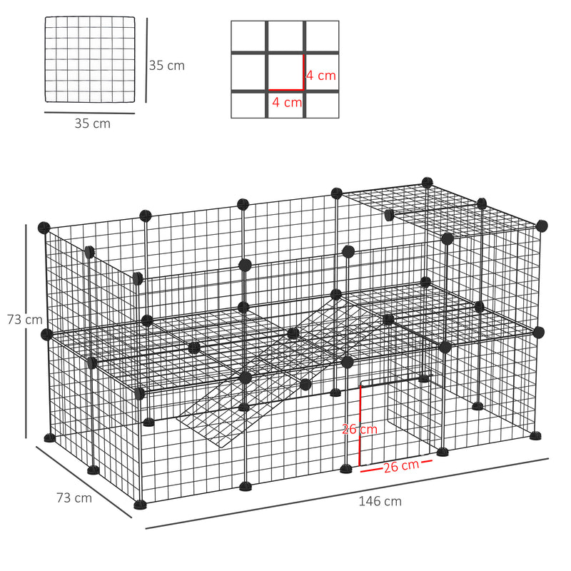 Recinto de Metal para Animais de Estimação Recinto Metálico com 36 Painéis para Pequenos Animais Desmontável DIY 146x73x73 cm Preto