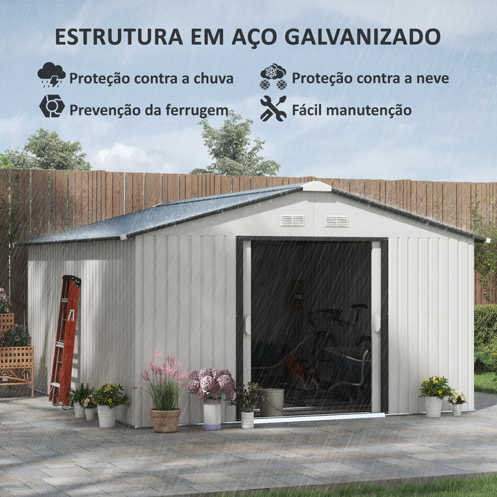 Abrigo de Jardim Exterior Abrigo e Jardim Metálico para Armazenamento de Ferramentas com 4 Janelas 12,4 m² 340x386x200 cm Branco e Cinza Escuro