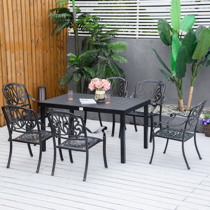 Mesa de Jardim Retangular Mesa de Exterior para 6 Pessoas com Bancada de Ripas e Estrutura de Alumínio para Terraço Balcão 140x90x74cm Preto