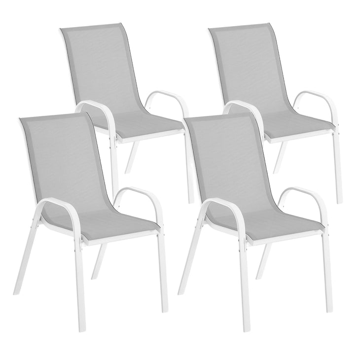 Conjunto de 4 Cadeiras de Jardim Cadeiras de Exterior Empilháveis Cadeiras de Jardim com Tecido Respirável Estrutura de Aço Apoio para os Braços e Encosto 54x71x93 cm Cinza e Branco