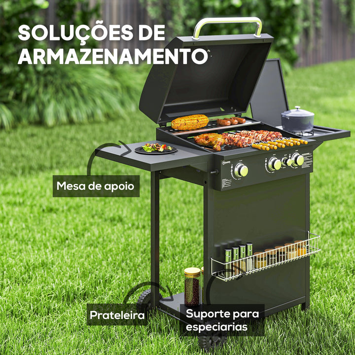 Barbecue a Gás com 3+1 Queimadores 8,5 kW Barbecue Portátil com Termómetro Mesa Lateral Grelha Recolhedor de Gordura 2 Rodas para Jardim Exterior Campismo 123x57x98 cm Preto