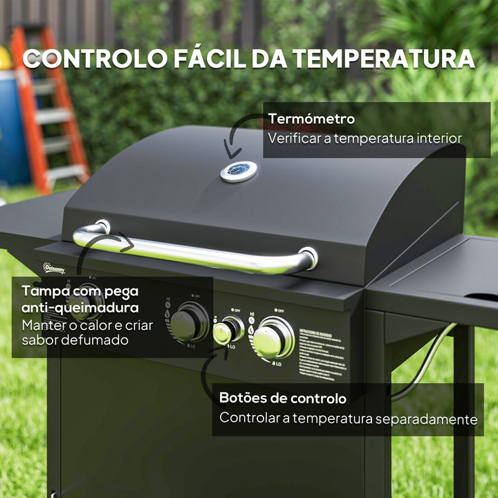 Barbecue a Gás com 3+1 Queimadores 8,5 kW Barbecue Portátil com Termómetro Mesa Lateral Grelha Recolhedor de Gordura 2 Rodas para Jardim Exterior Campismo 123x57x98 cm Preto