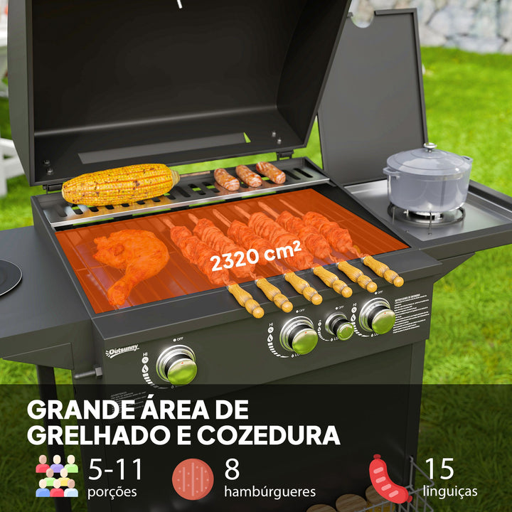 Barbecue a Gás com 3+1 Queimadores 8,5 kW Barbecue Portátil com Termómetro Mesa Lateral Grelha Recolhedor de Gordura 2 Rodas para Jardim Exterior Campismo 123x57x98 cm Preto