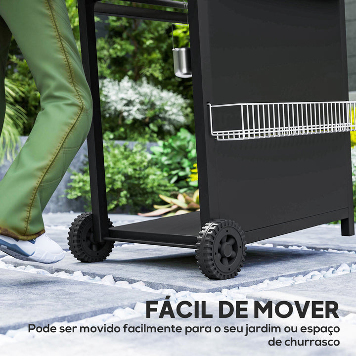 Barbecue a Gás com 3+1 Queimadores 8,5 kW Barbecue Portátil com Termómetro Mesa Lateral Grelha Recolhedor de Gordura 2 Rodas para Jardim Exterior Campismo 123x57x98 cm Preto