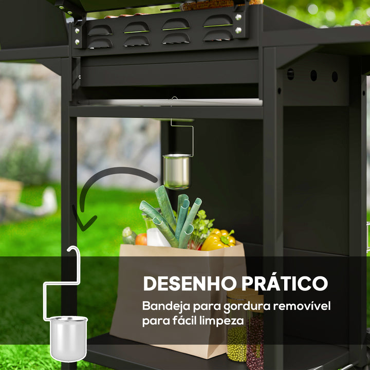 Barbecue a Gás com 3+1 Queimadores 8,5 kW Barbecue Portátil com Termómetro Mesa Lateral Grelha Recolhedor de Gordura 2 Rodas para Jardim Exterior Campismo 123x57x98 cm Preto