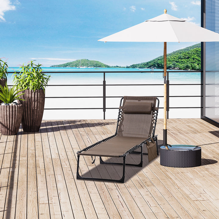 Espreguiçadeira Dobrável Espreguiçadeira de Jardim com Encosto Ajustável Apoio para a Cabeça Acolchoado Bolso Lateral e Estrura de Aço 185x58x30 cm Marrom